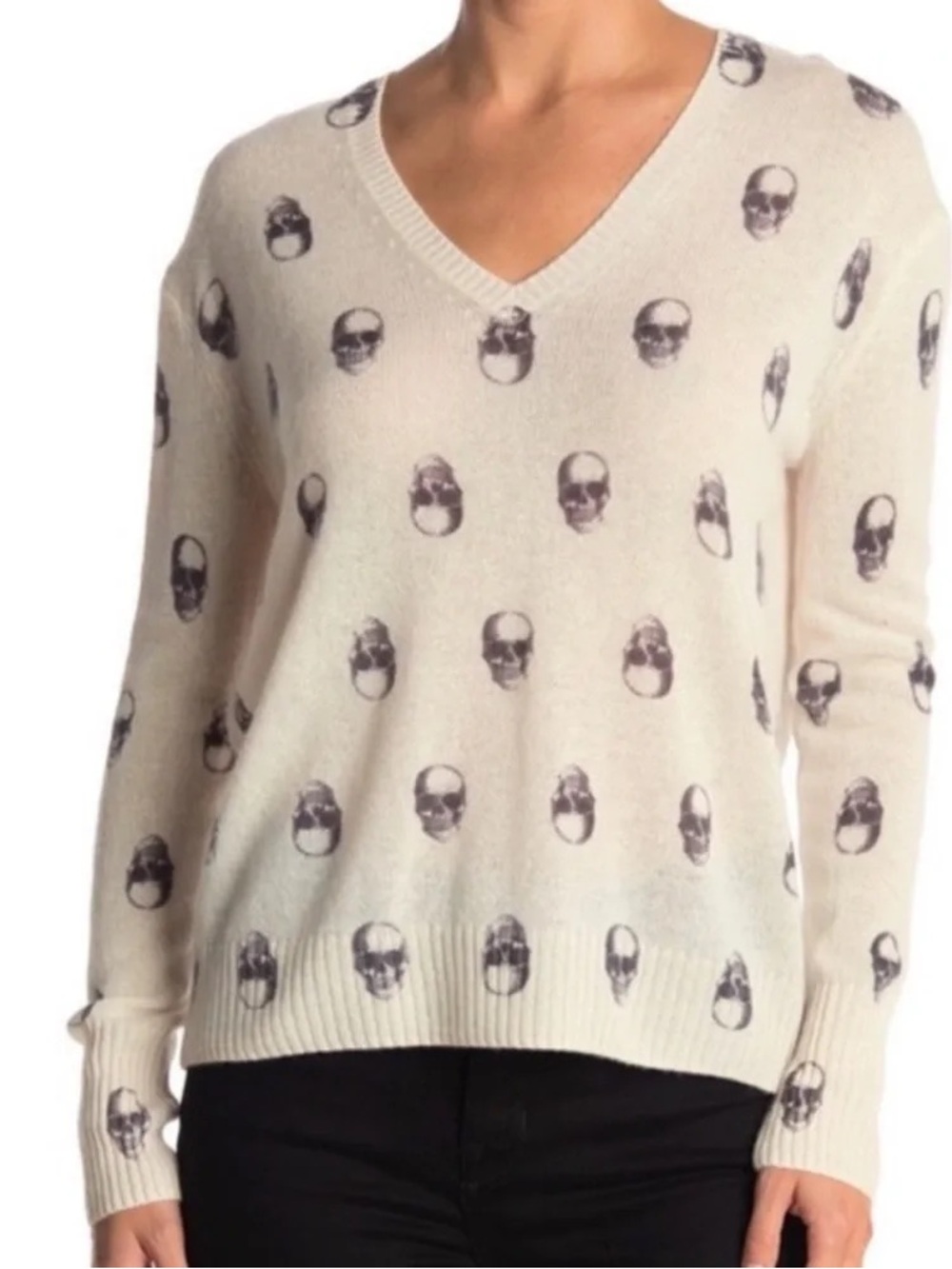 Skull Cashmere Cream V-Neck Skull-Print Women's Sweater Goth Underworld S